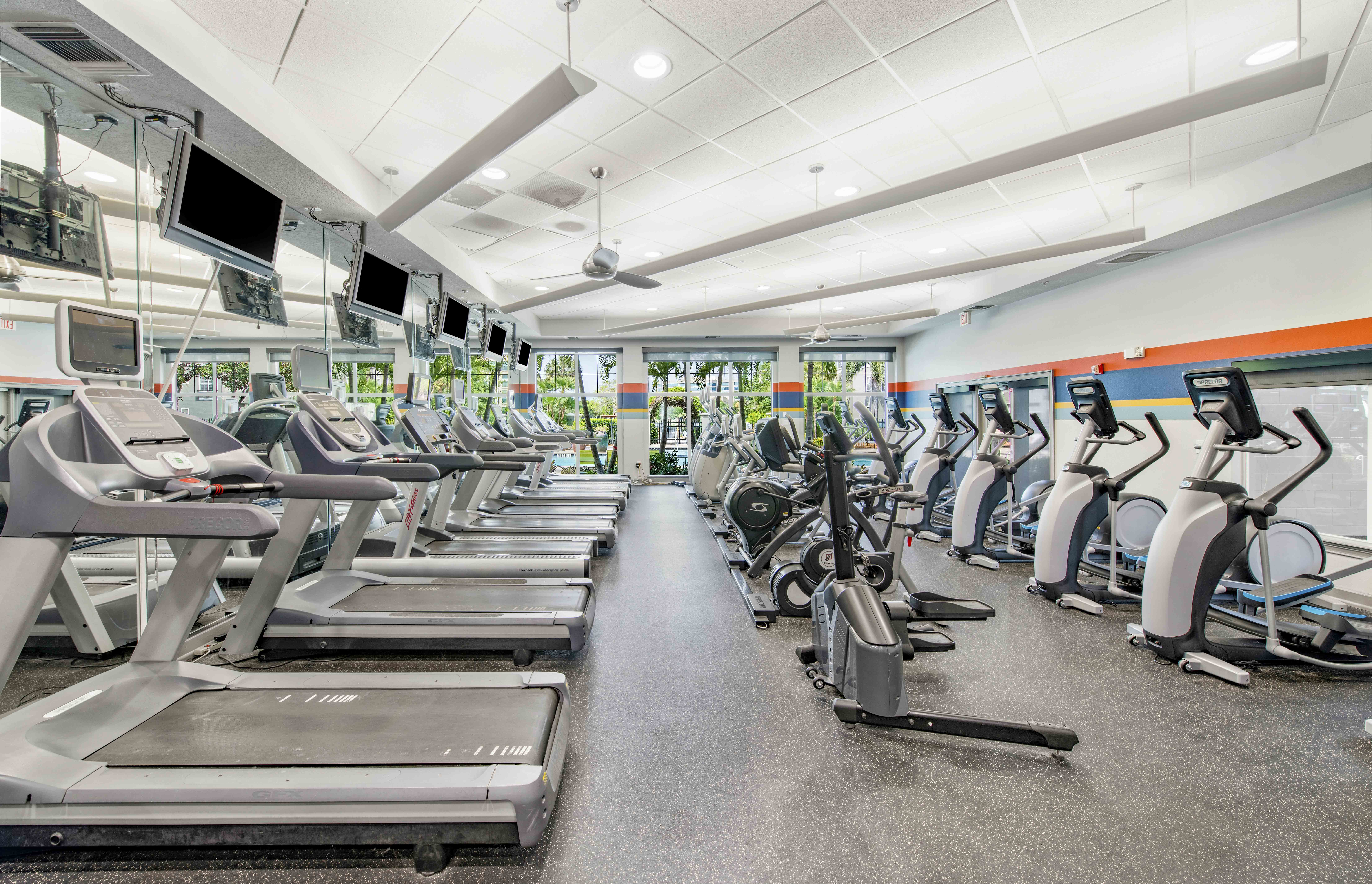 a gym with rows of cardio equipment and treadmills