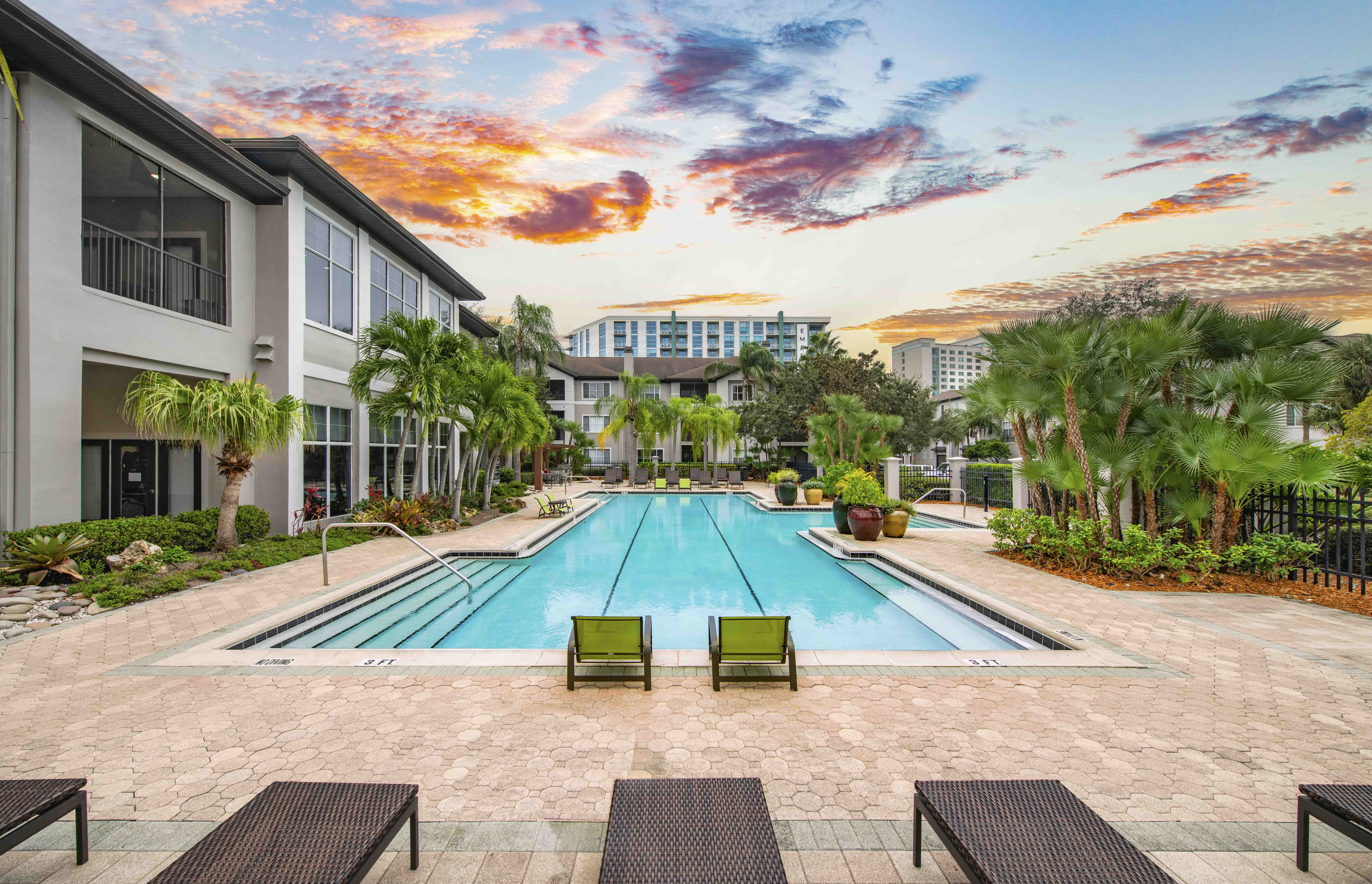 a swimming pool with palm trees and buildings in the background
