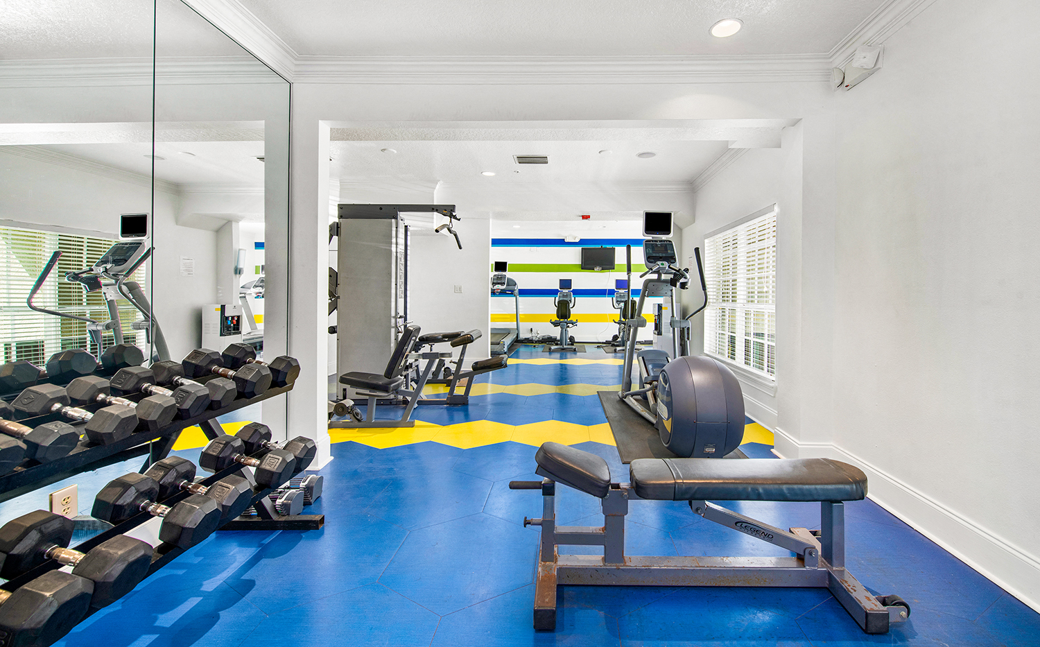 a gym with weights and cardio equipment on a blue floor