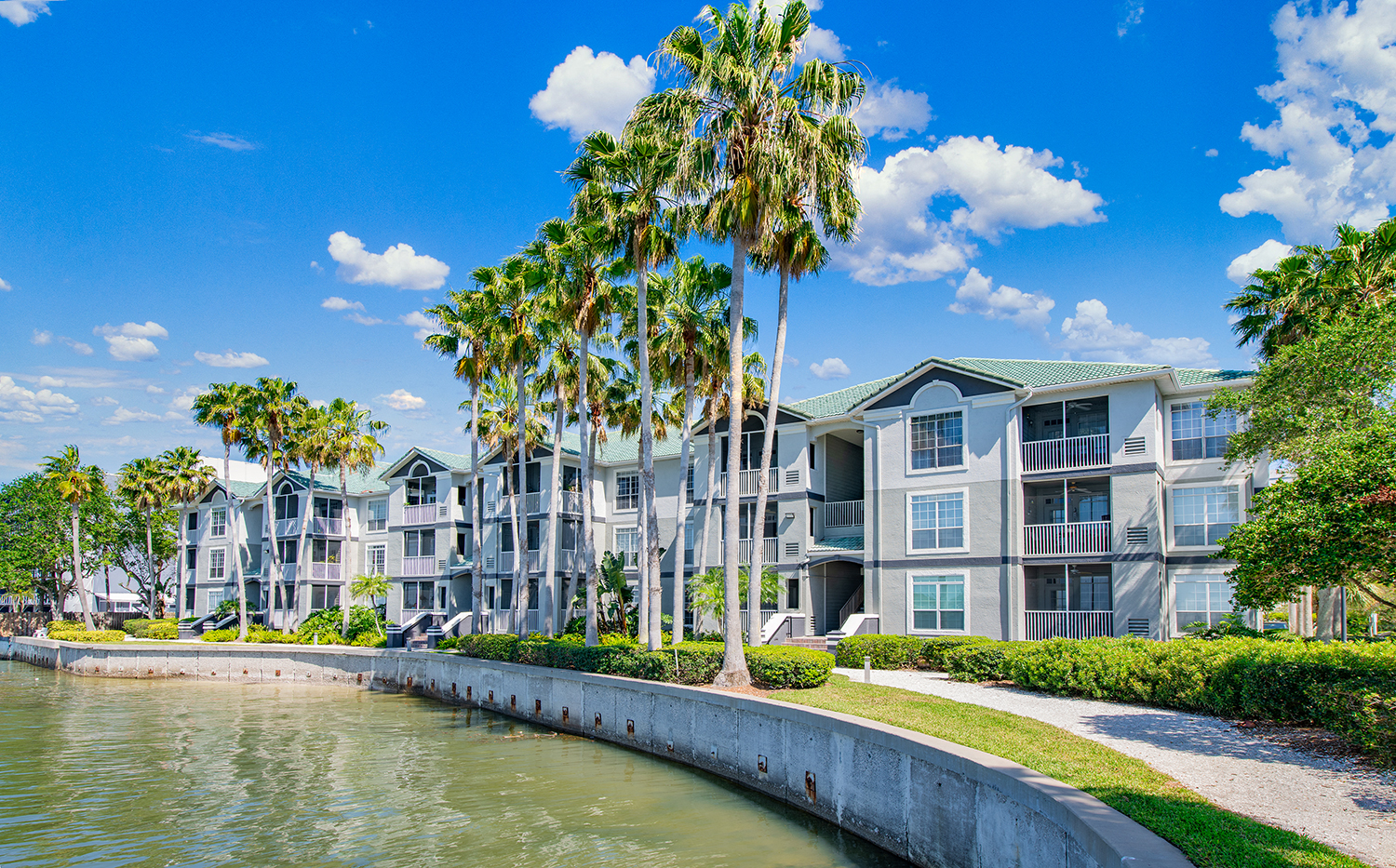 a row of apartment buildings overlooking a body of water with palm trees