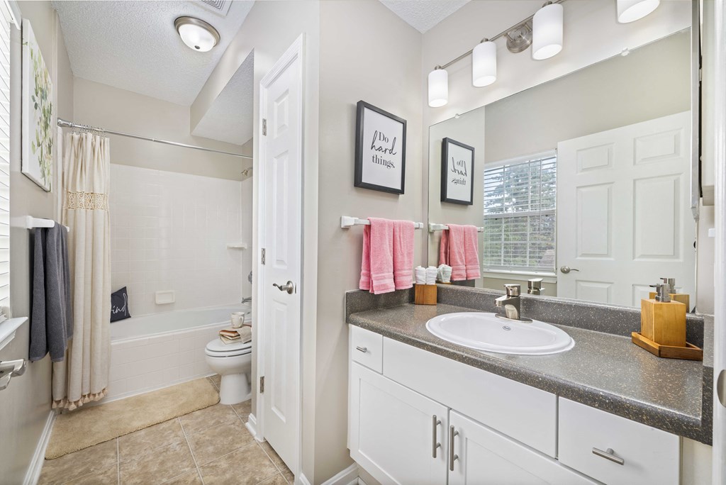 A bathroom with a sink, toilet, and a mirror.