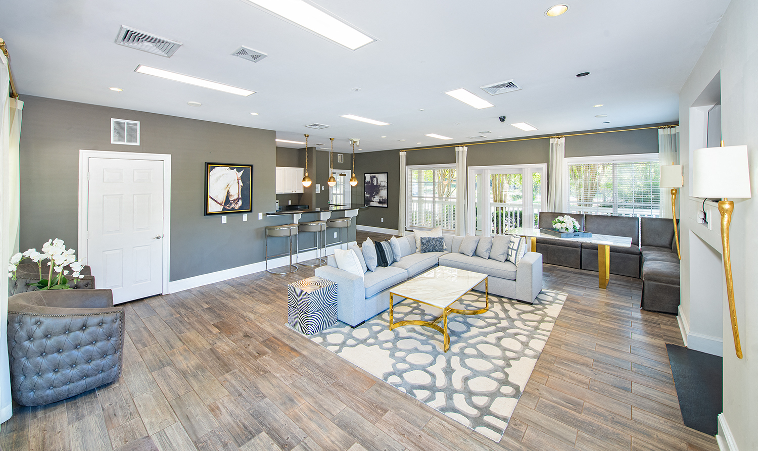 a living room with a couch and a table