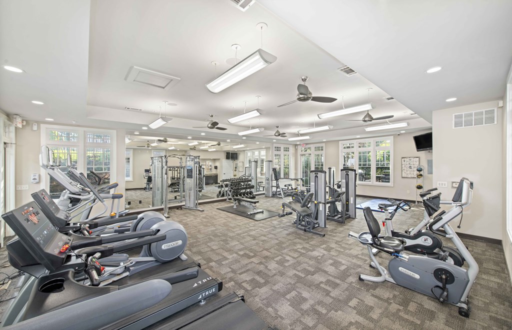 a gym with cardio machines and other exercise equipment