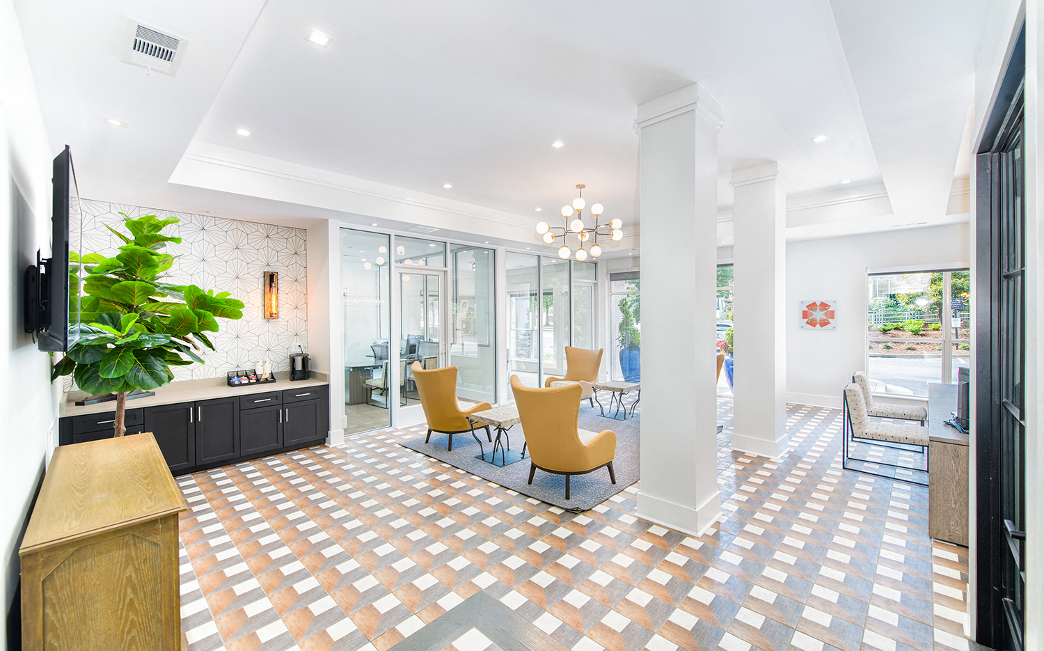a living room with a dining room and a kitchen