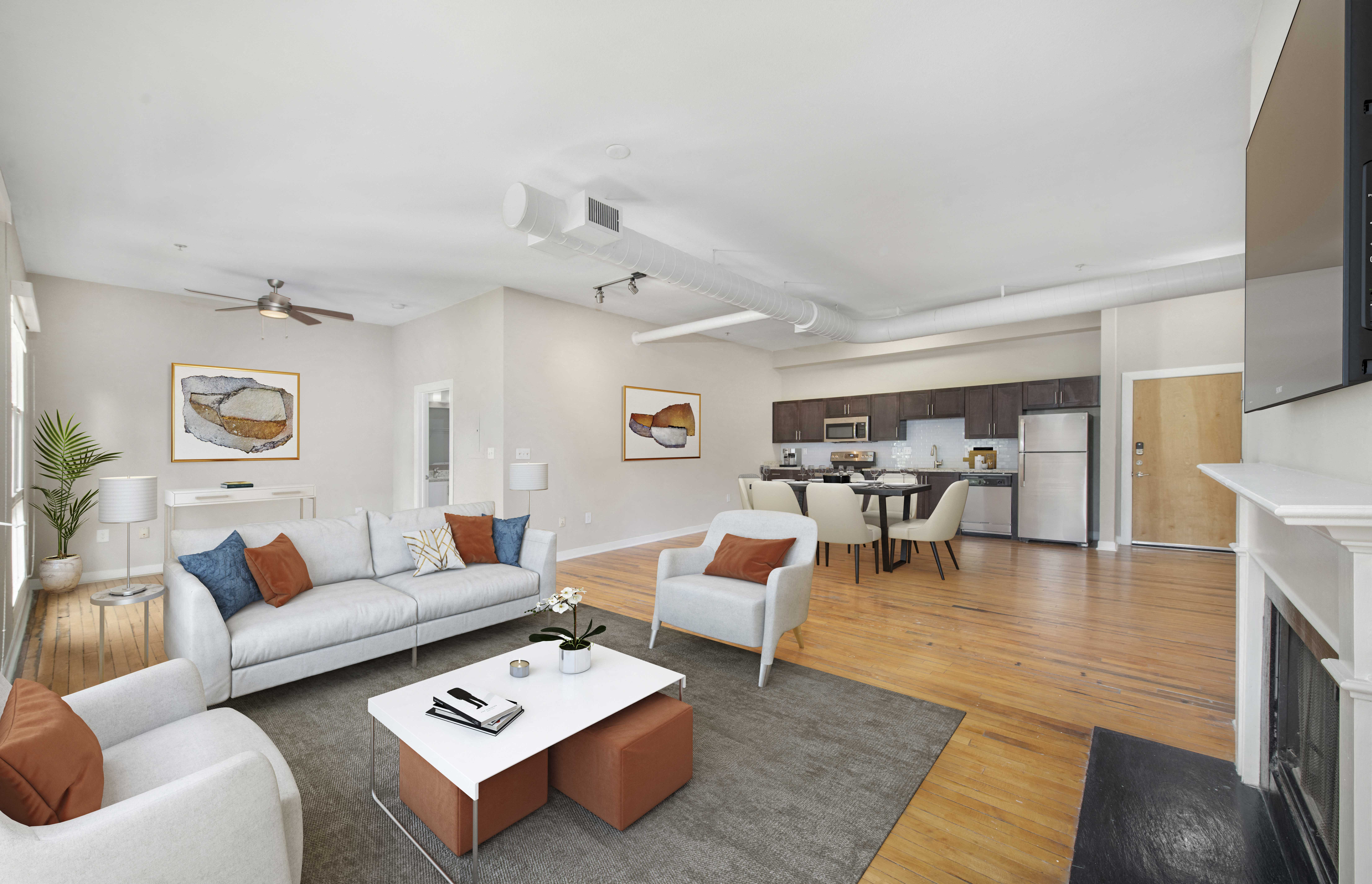 a living room with a couch and a coffee table