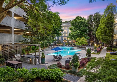 A pool surrounded by trees and plants.