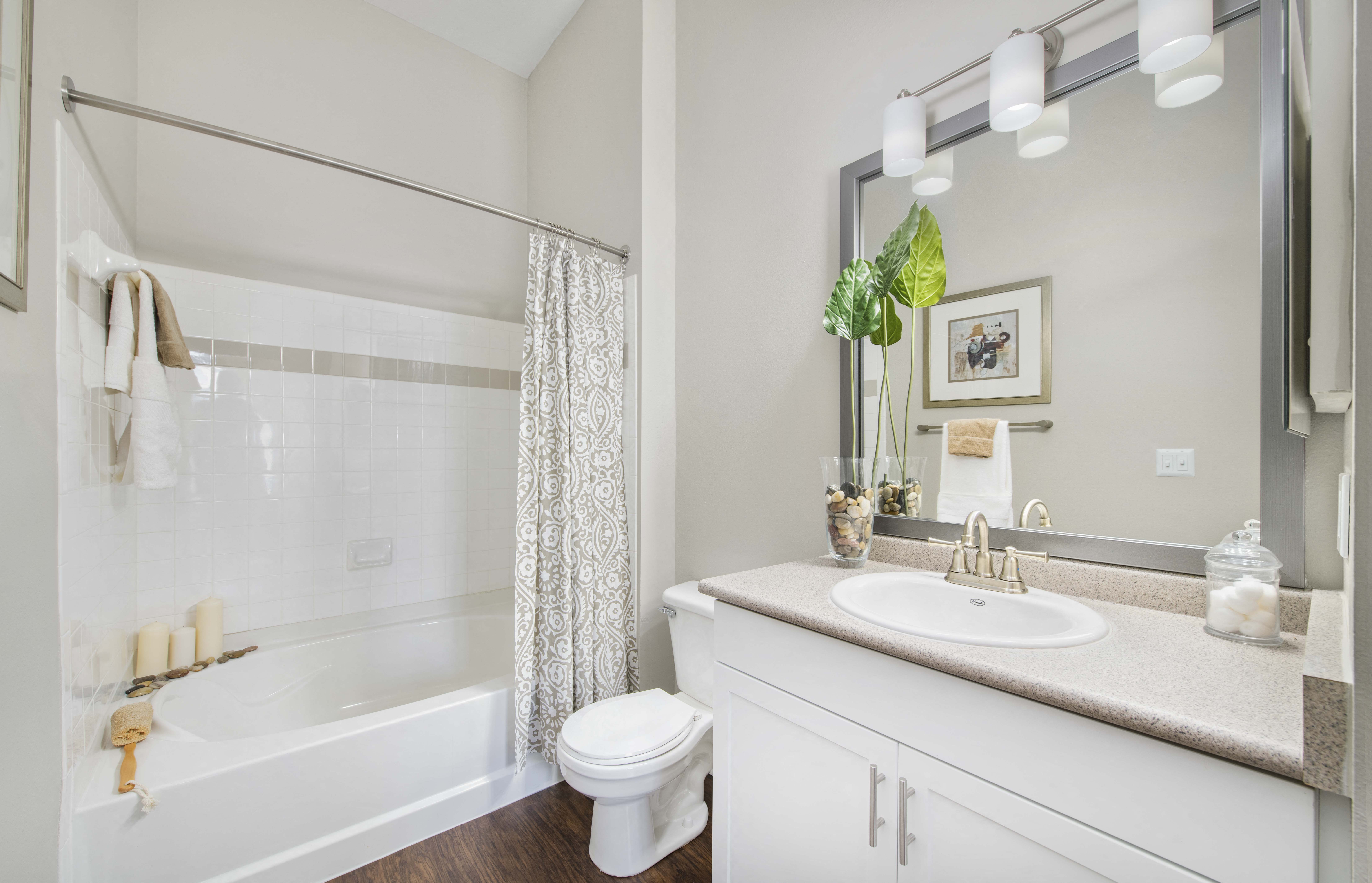 a bathroom with a shower toilet and sink and a mirror