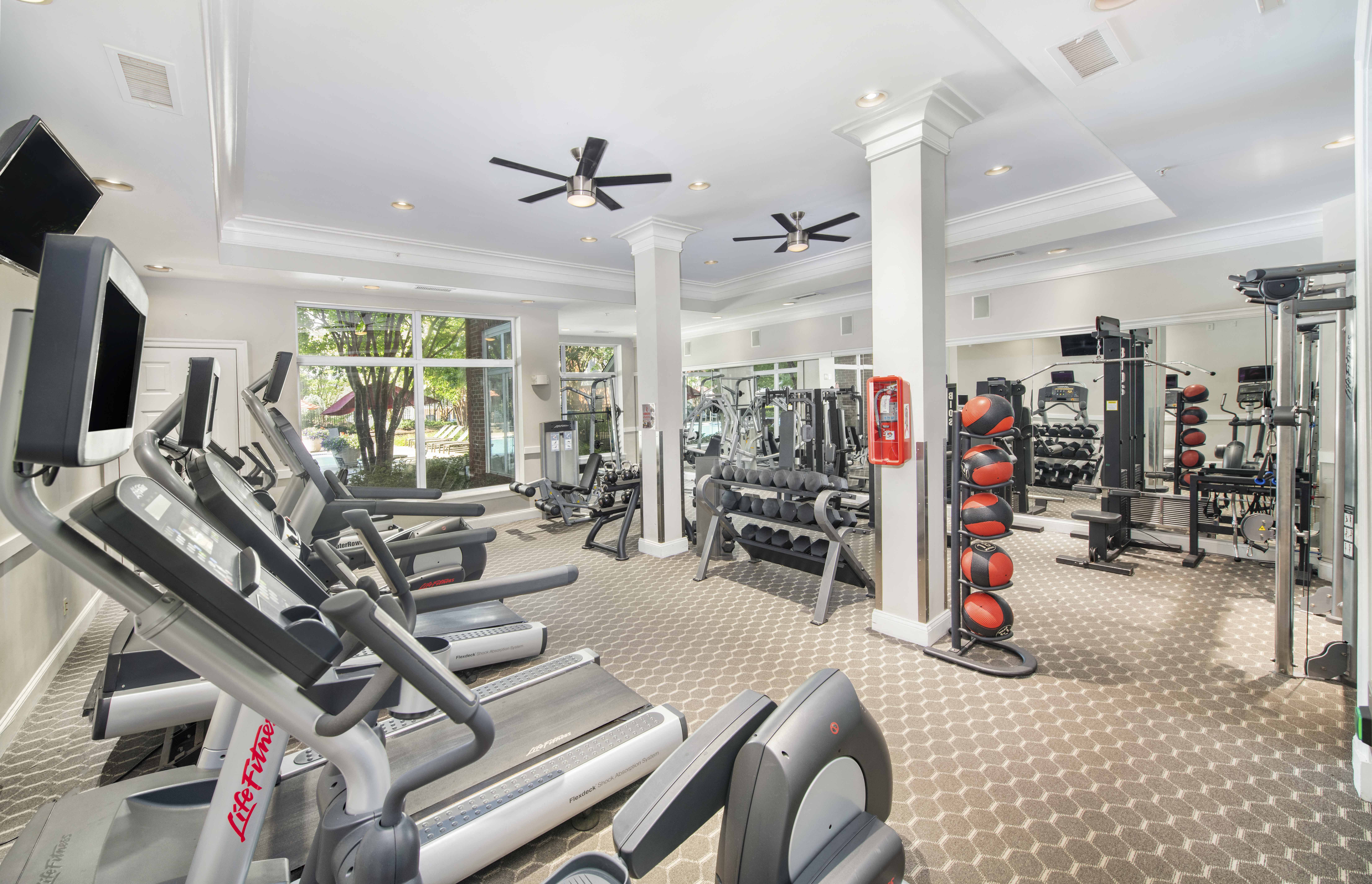 a gym with a lot of machines and equipment