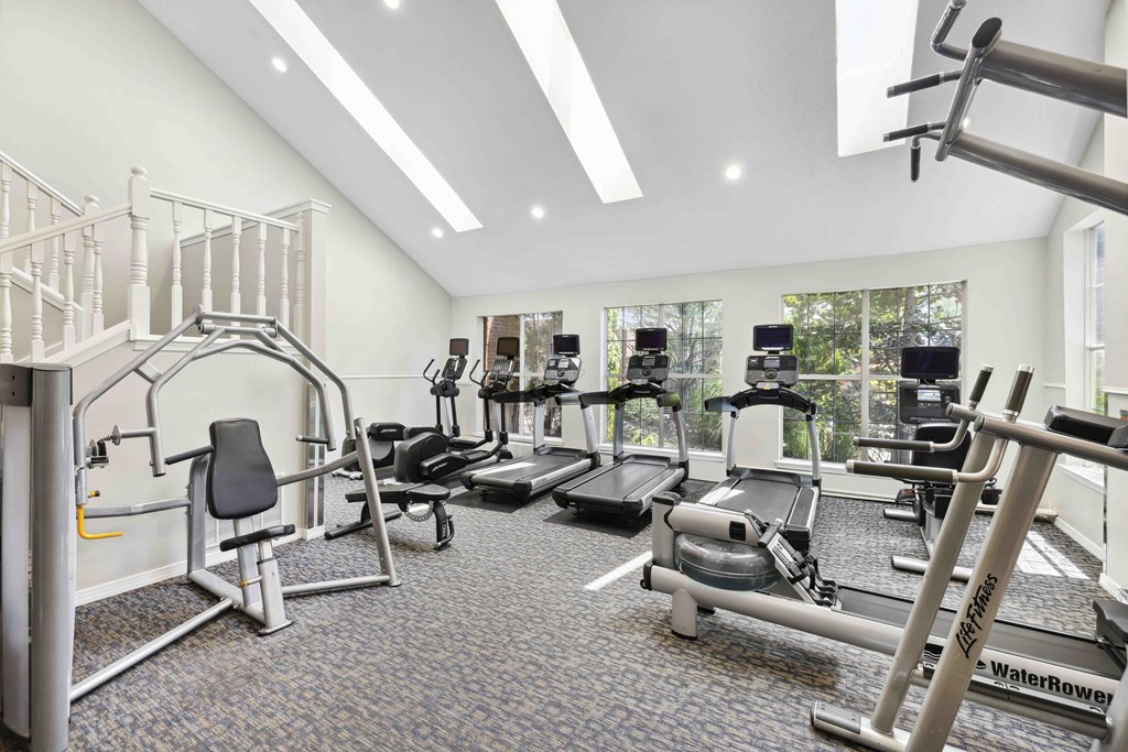 A gym with a variety of equipment including treadmills, stationary bikes, and weight machines.