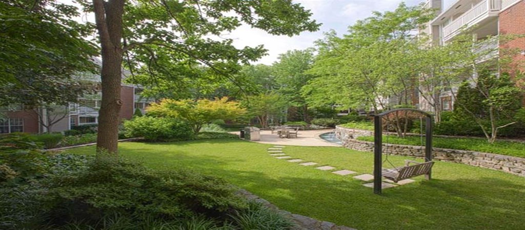 a park with a bench and a garden