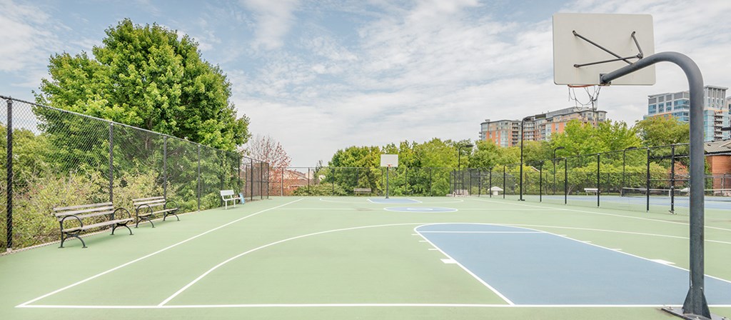 a basketball court in a park with trees and buildings in the background