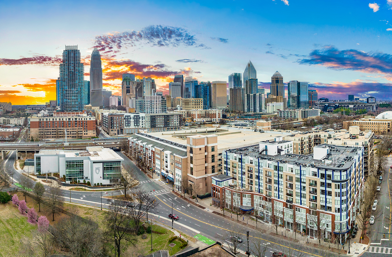 a view of the city at sunset