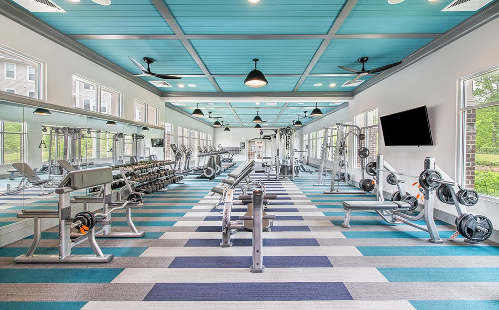 a gym with cardio machines and weights on a checkered floor