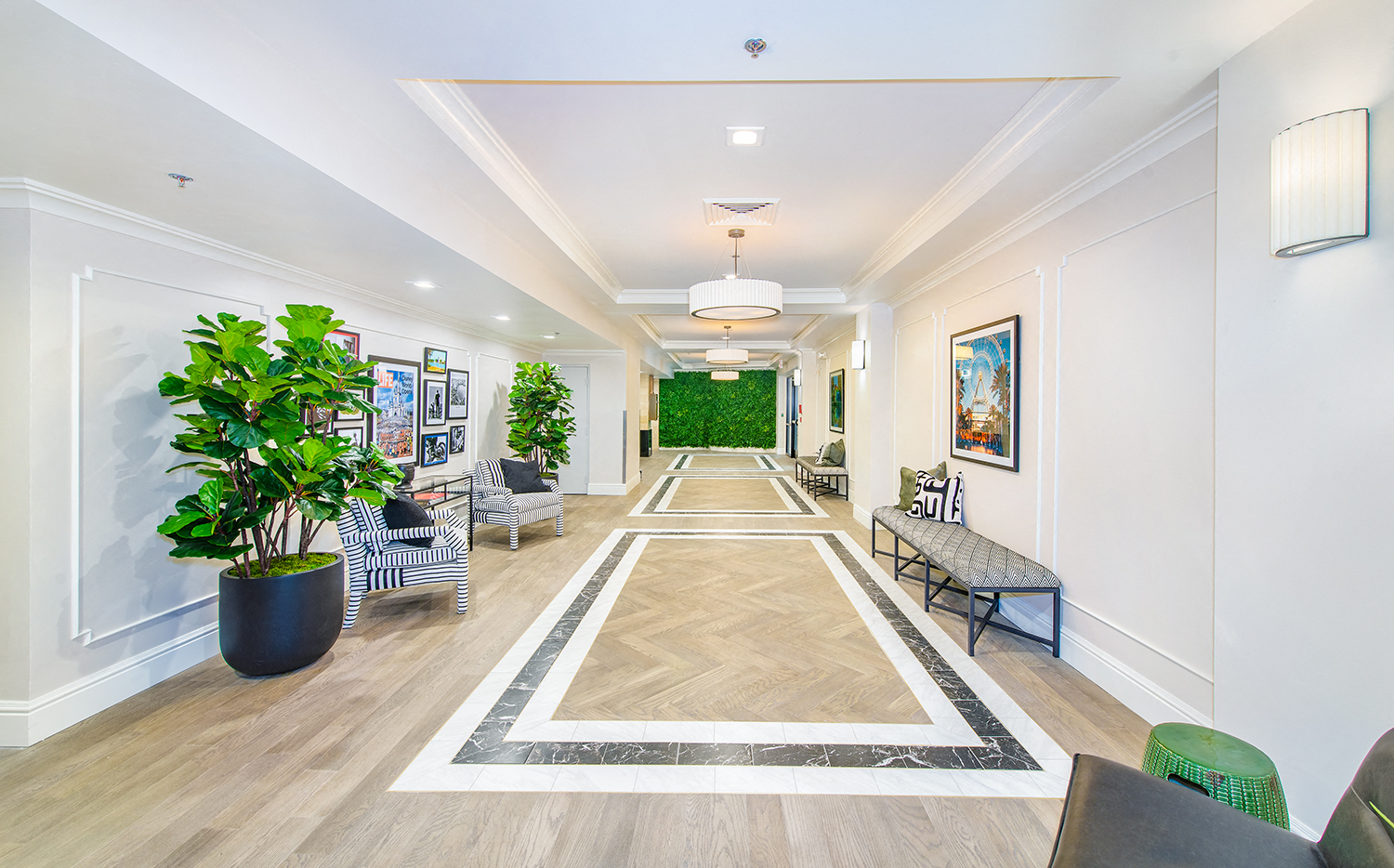 a long hallway with white walls and wooden floors and a green plant