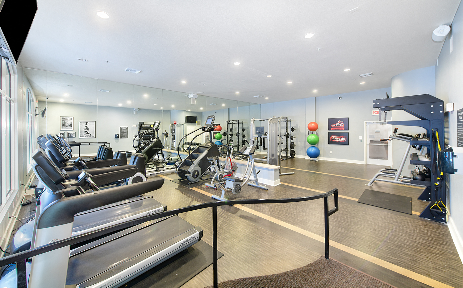 the gym is equipped with cardio equipment and weights
