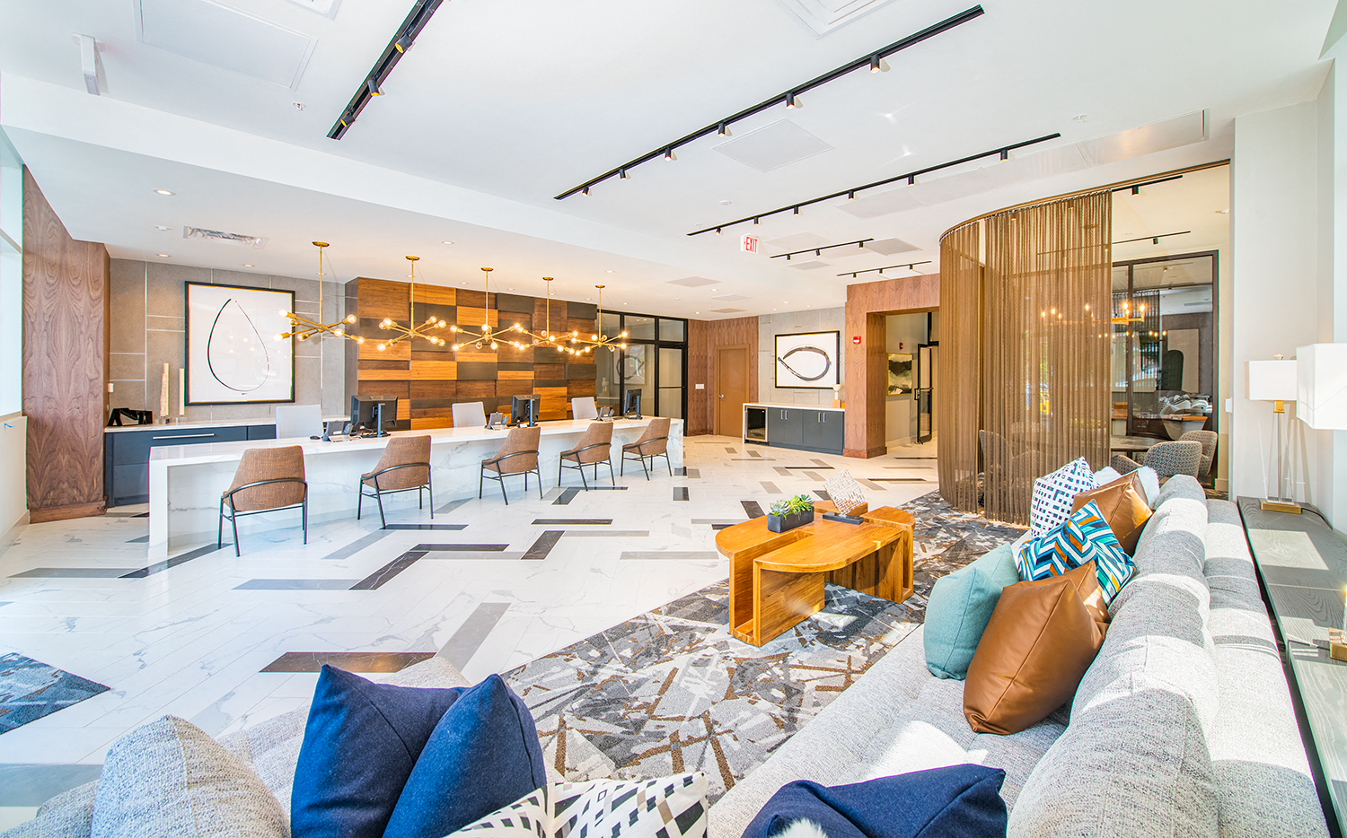 a living room with a couch and a table