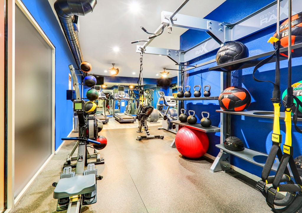 a workout room with weights and balls on a wall and a door