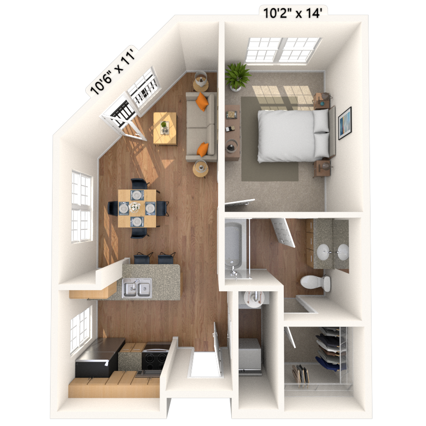 Traditional 1x1 632 SF
