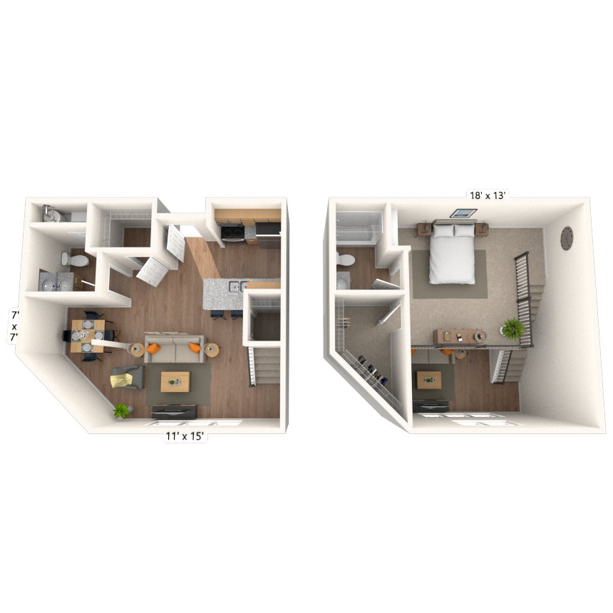 Dual Level 1x1.5 898 SF