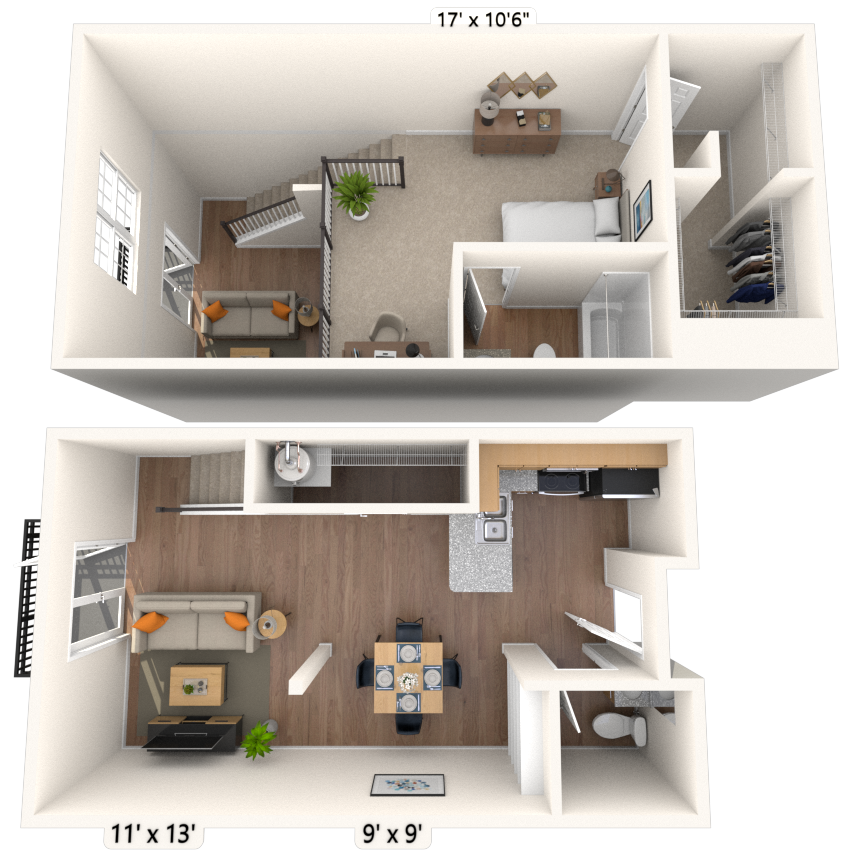 Dual Level 1x1.5 887 SF