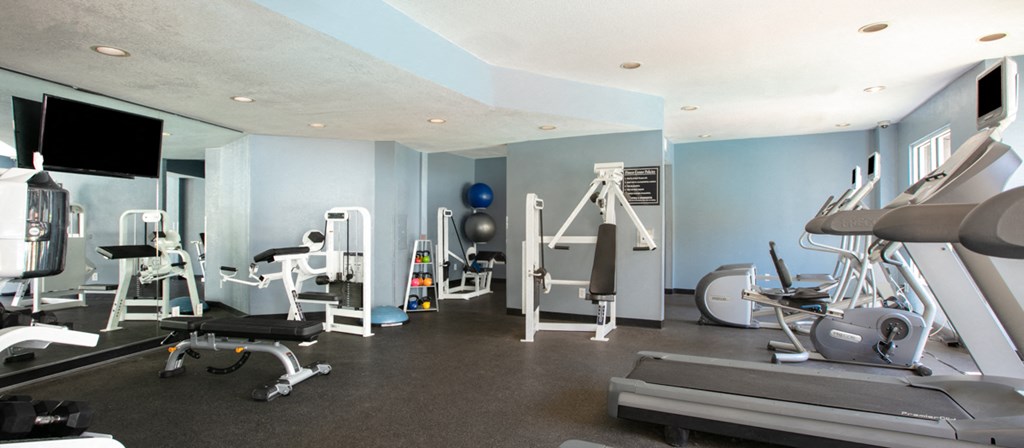 a gym with various exercise equipment and a tv