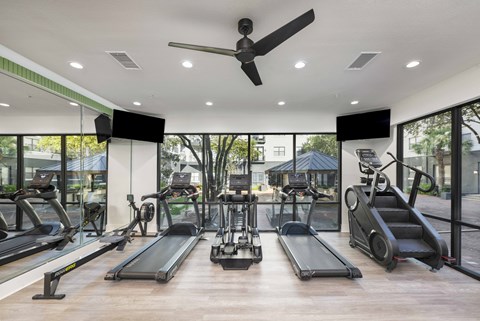 A gym with treadmills, elliptical machines, and a fan.