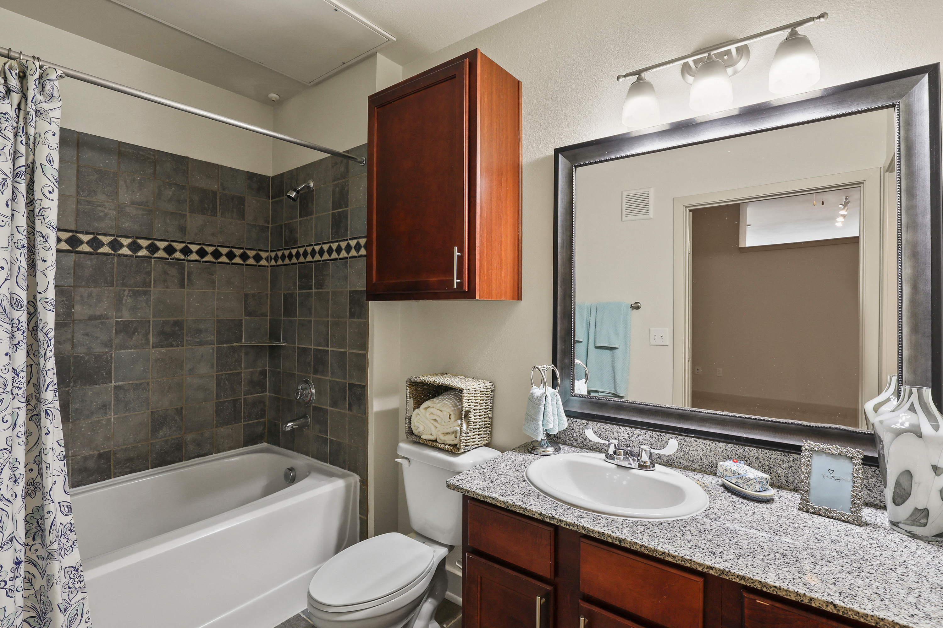 a bathroom with a sink toilet and tub and a mirror