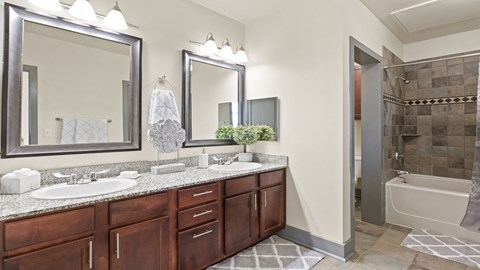 a bathroom with two sinks and a shower and two mirrors