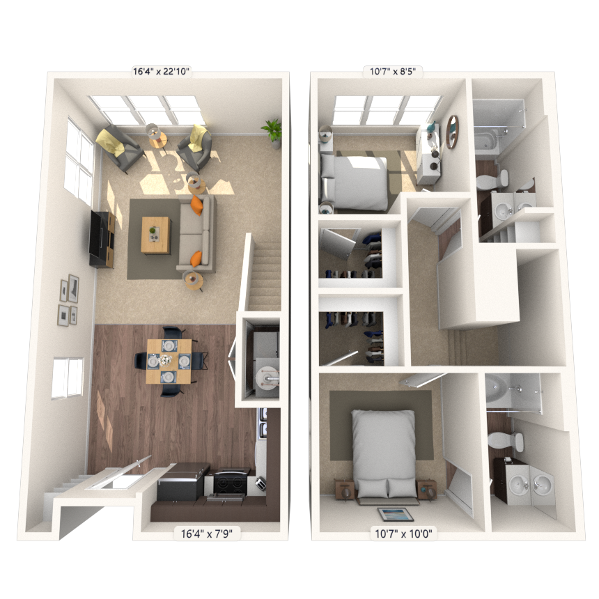 Dual Level 2x2 1015-1412 SF
