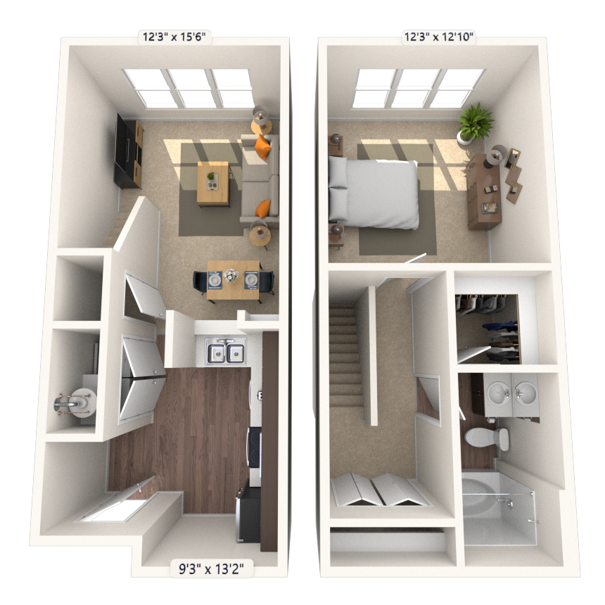 Dual Level 1x1 680-1175 SF