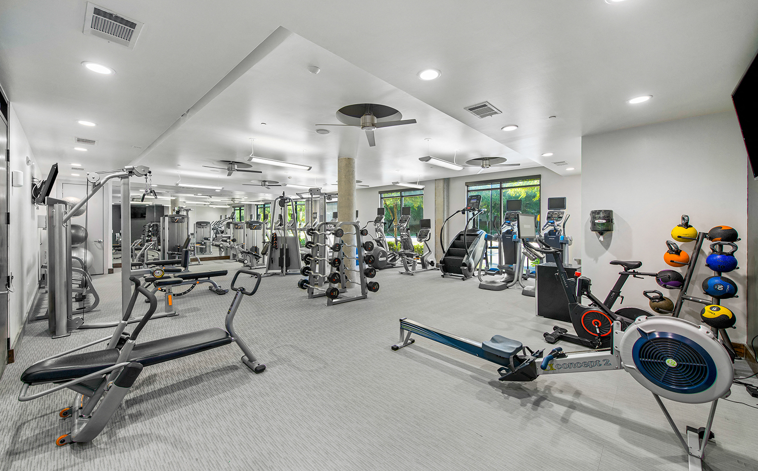 a gym with cardio equipment and weights in a building with windows