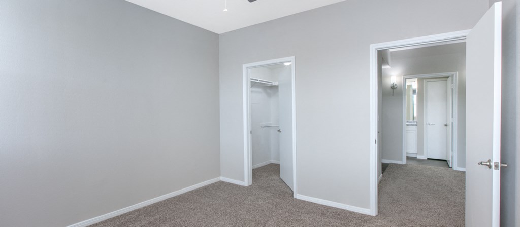 a bedroom with white walls and a closet and a door to a hallway
