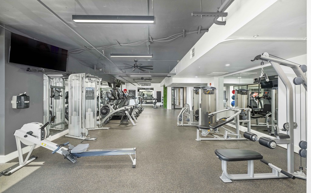A well-equipped gym with various exercise machines and weights.