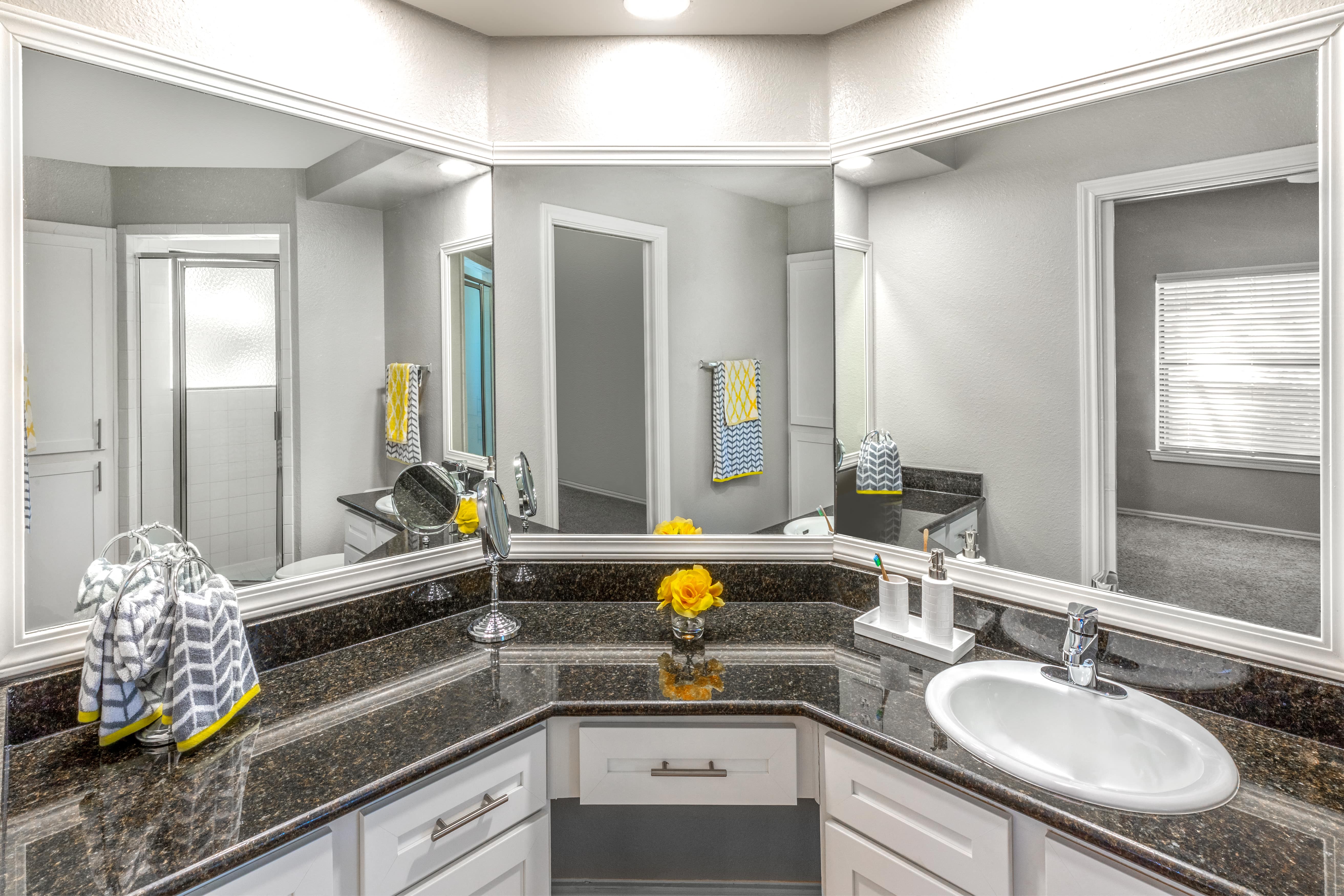 a bathroom with a sink and a mirror