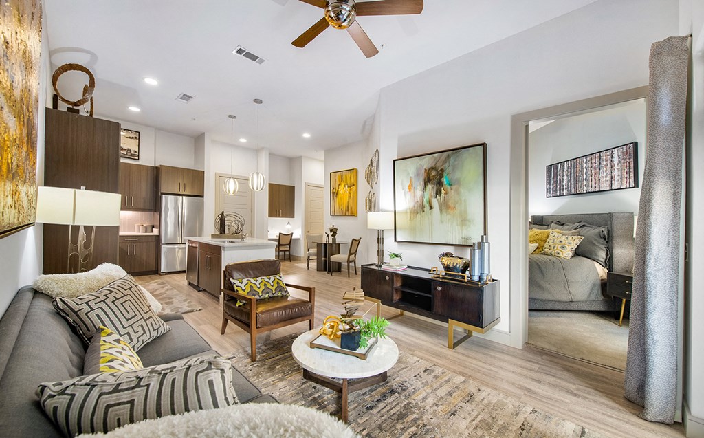 a living room with a couch and a table