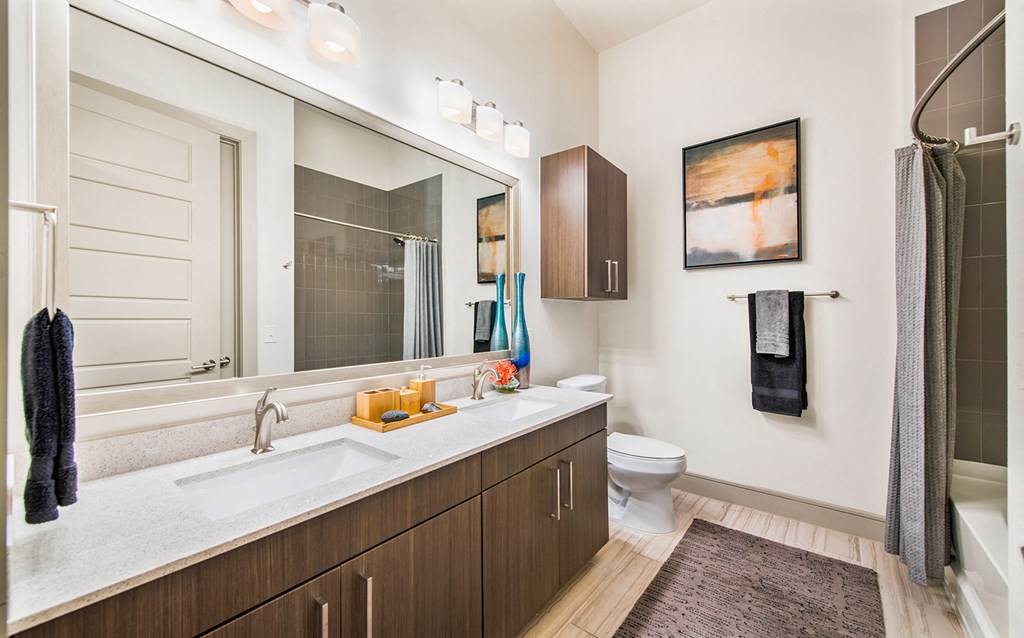 a bathroom with a large mirror and a sink