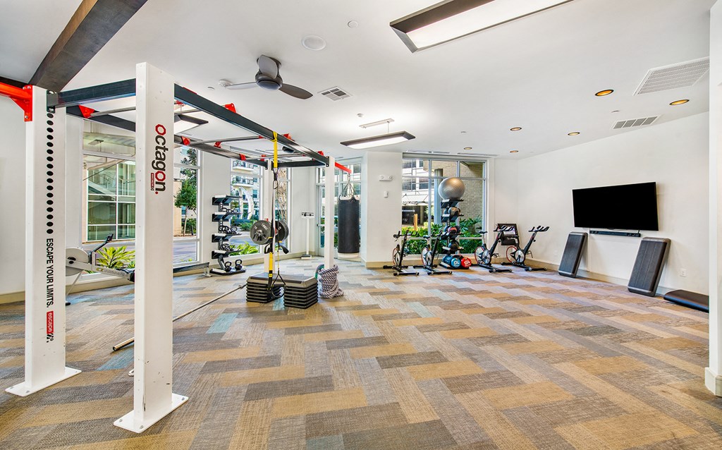 a workout room with a tv and weights on the floor