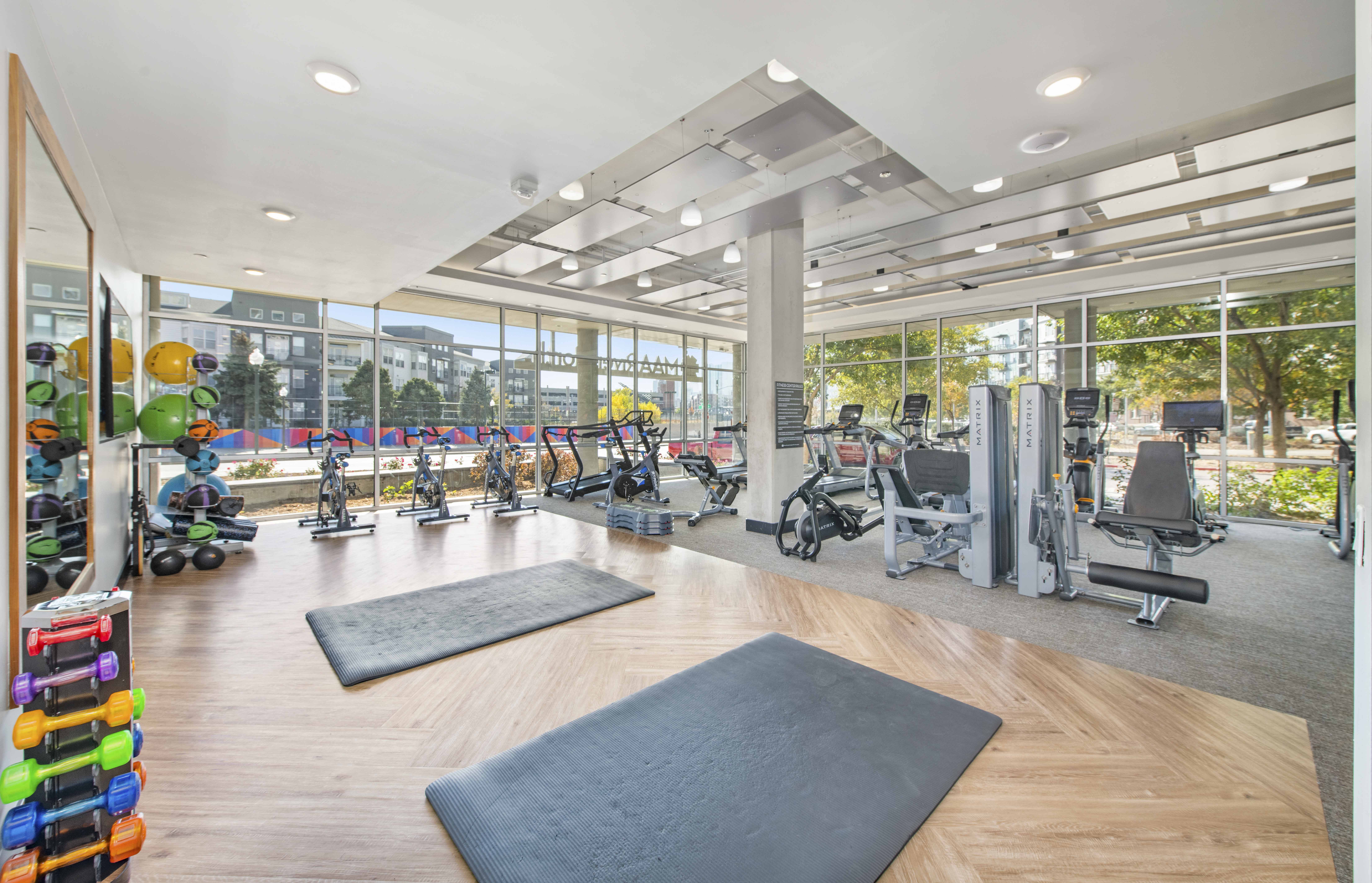 the gym is equipped with state of the art equipment including cardio machines and weights