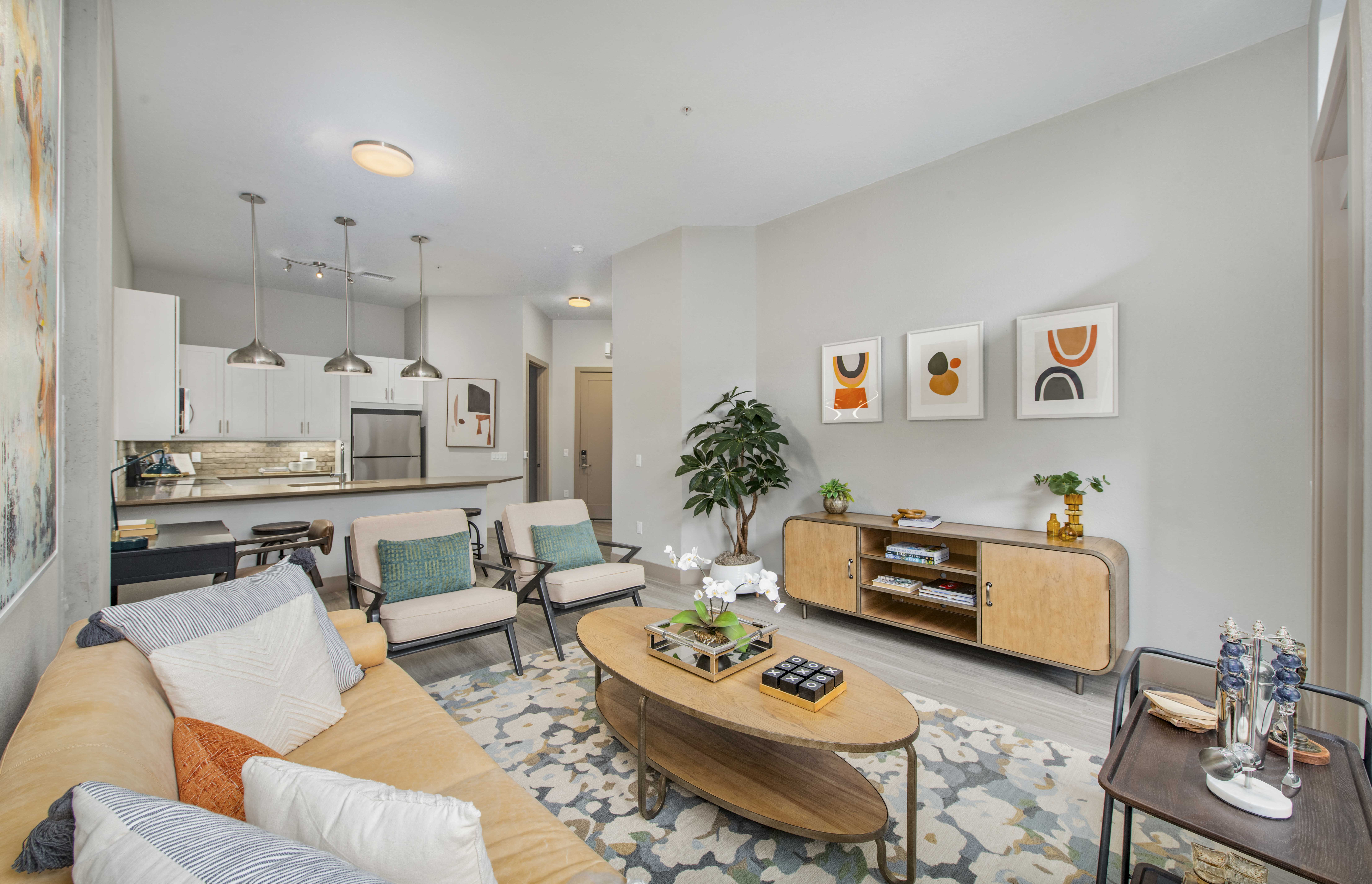 a living room with a couch and a table