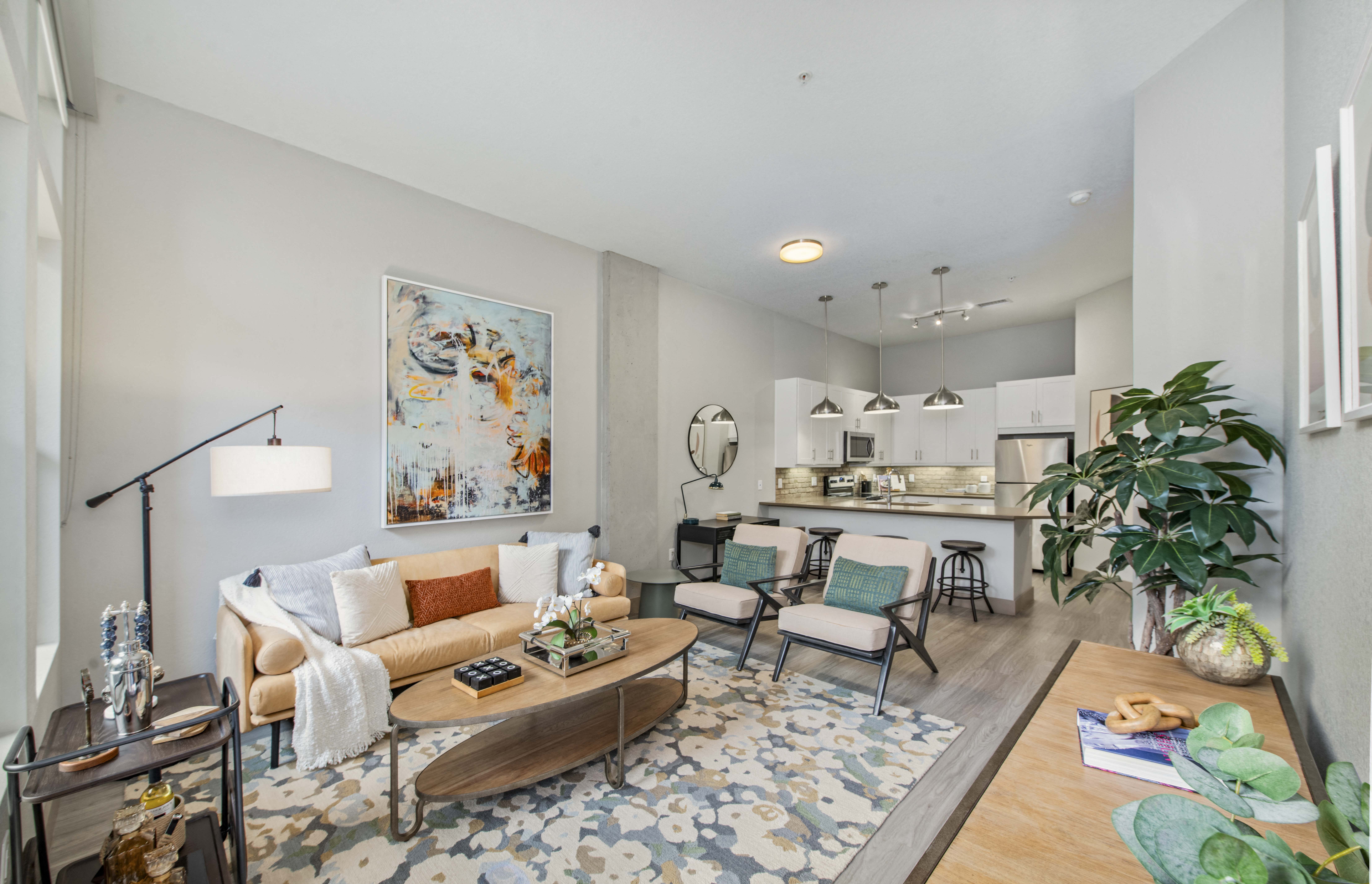 a living room with a couch and a table