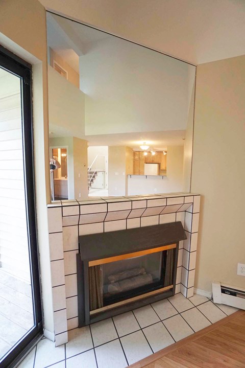 fireplace in the living room with a mirror above it