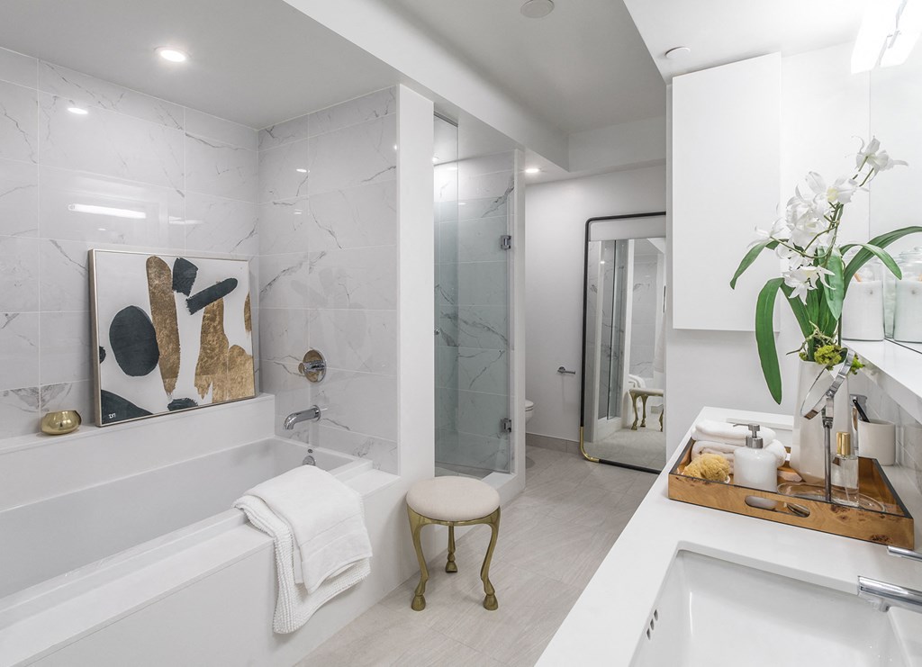 a bathroom with a tub and a sink and a shower