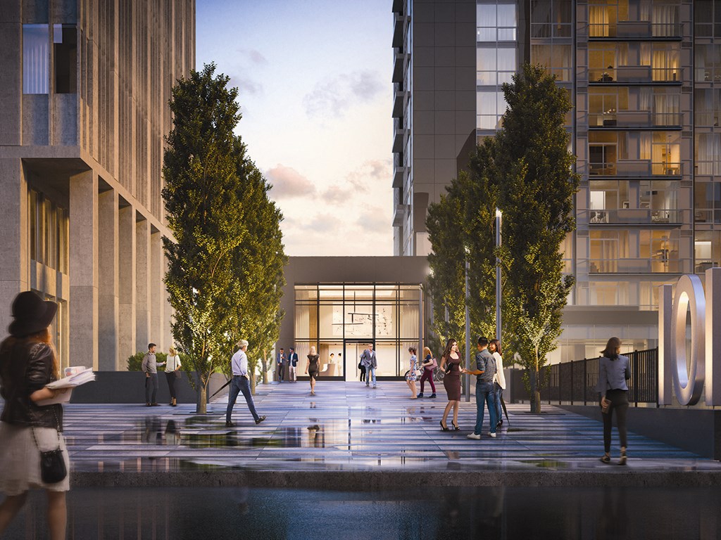 a rendering of people walking on a sidewalk in front of a building