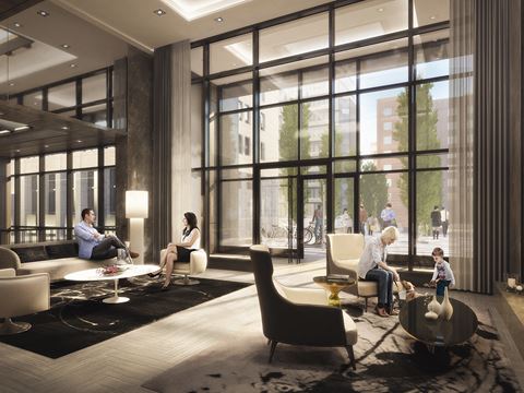a rendering of a lobby with people sitting in chairs and tables and large windows