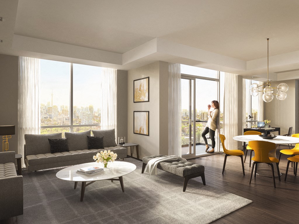 a rendering of a living room and dining room in an apartment