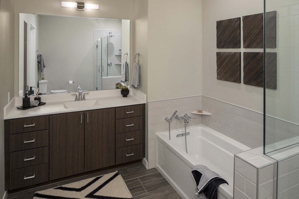 a bathroom with a tub and a sink and a mirror