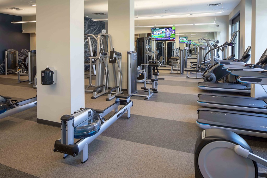 a gym with cardio equipment and weights on the floor