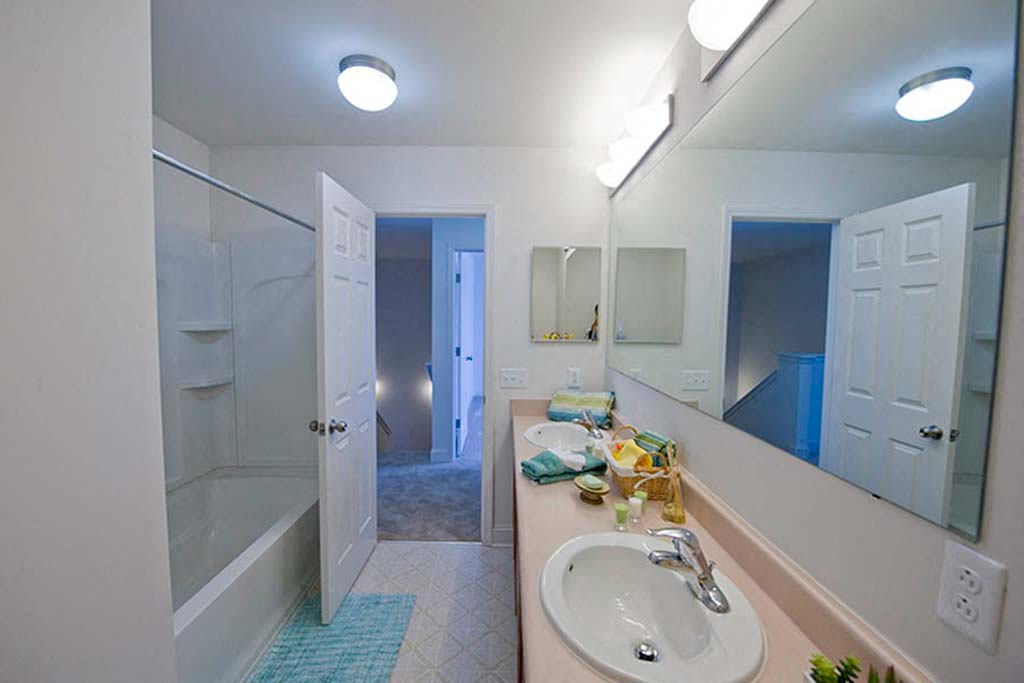 a bathroom with a sink and a shower and a mirror