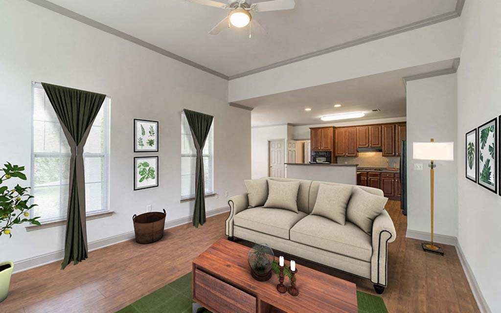 a living room with a couch and a coffee table