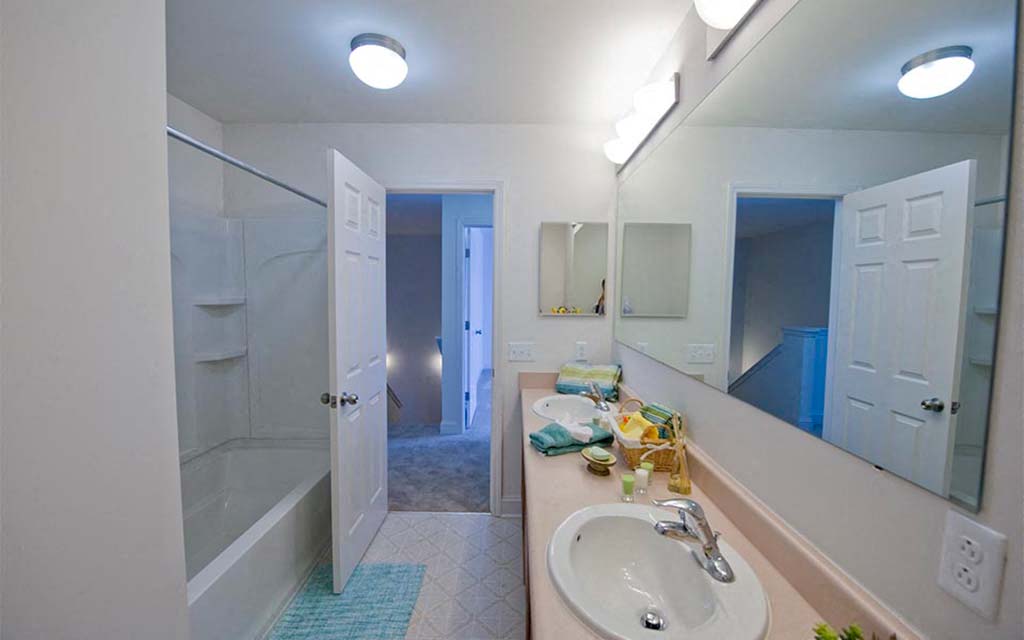 a bathroom with a sink and a shower and a mirror